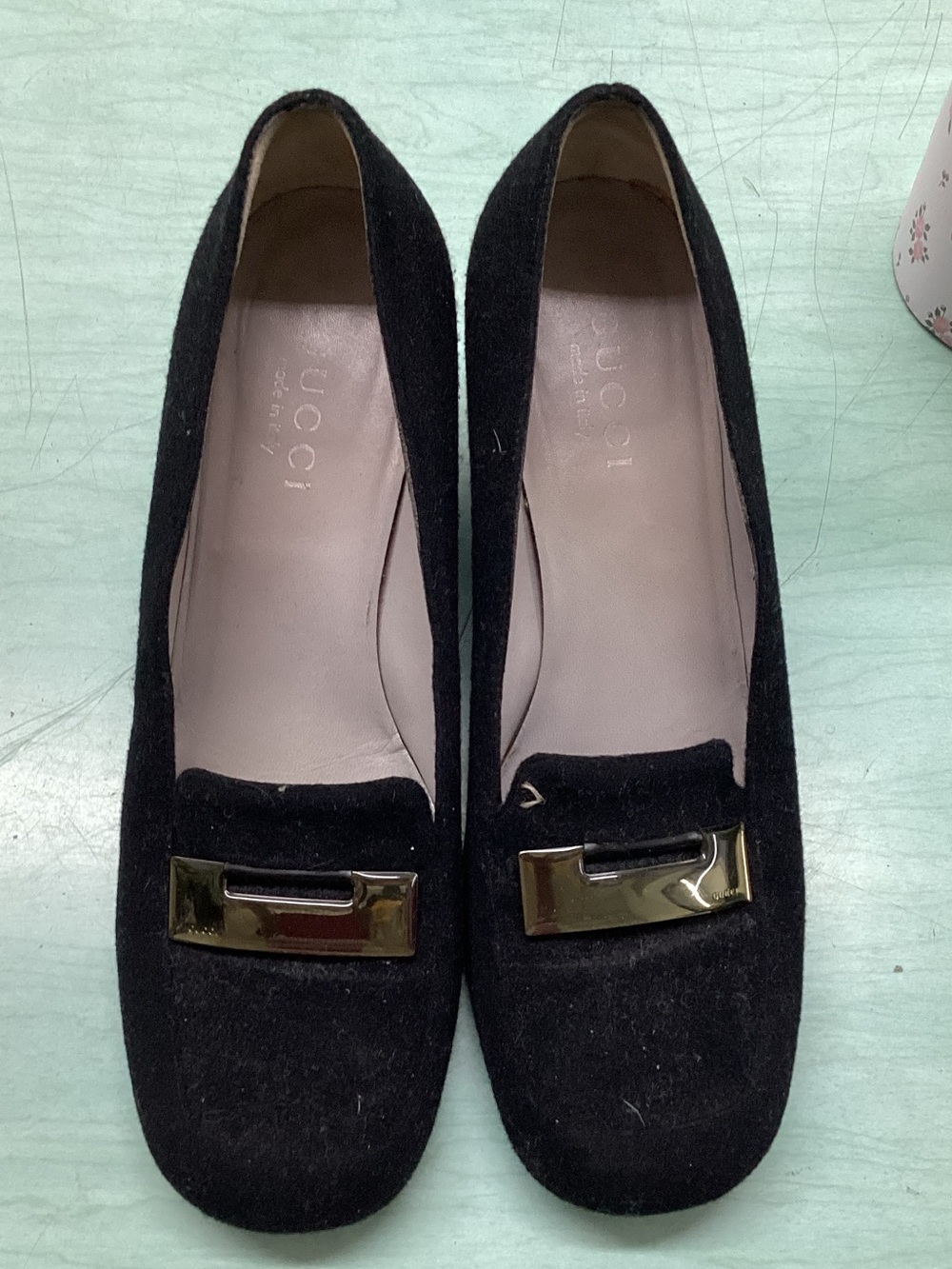 Gucci Black Suede Heels with Gold Plaque